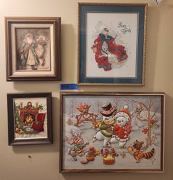 4 Pieces Handcrafted Needle Arts Christmas Wall Decor: Cross Stitch, Quilted Skating Party, Needlepoint