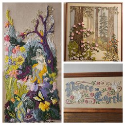 3 Handcrafted Needle Arts Embroidery Wall Accent Decor: Floral,