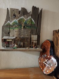 2 Home Crafted Clocks - Western Town Diorama Scene, Log Slice - Wall Decor