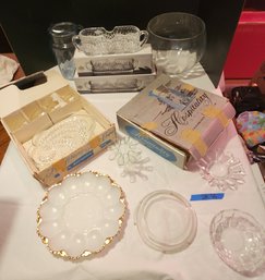 2 Snack Sets (incomplete), 3 Crystal Cutlery Sets NIB, Punch Bowl, Pitcher, Milk Glass Egg Dish- Serving Piece