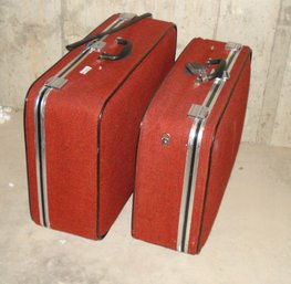 2 Red Fabric/wood Vintage Suitcases, Luggage, Very Clean