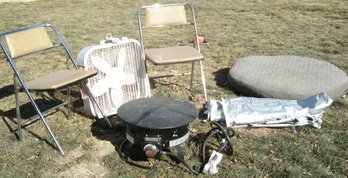 Outland Fire Bowl Propane Patio Heater, Dog Bed, Folding Chairs, Box Fan