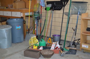 Large Lot Garden Tools: Trash Cans, Fertilizer, Brooms, Implements, Shovels, Broom