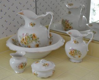 Complete Vashti E.P.P. Company Antique Yellow Porcelain Commode Set: Wash Basin, Pitcher, Bowl, Powder Dish