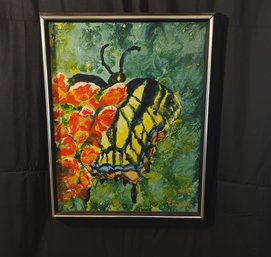 Shirley Charrell Signed 'Butterfly And Snapdragon' Encaustic Painting