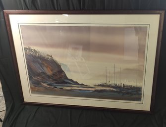 John Ebner Fishing Boats At A Cliffside Watercolor And Gouache Painting
