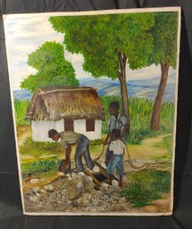Signed Gabriel Leveque Haitian Village Painting - Oil On Board