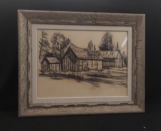 Framed Village Sketch - Signed