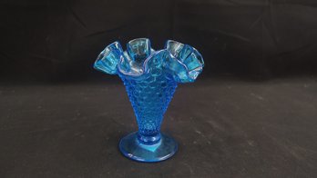 Fenton Blue Hobnail Ruffled Glass Favor Vase
