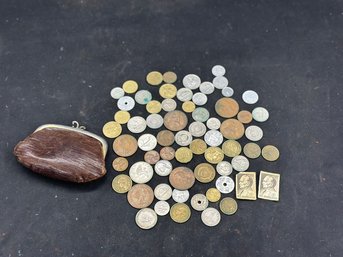 Assortment Of Coins With Leather Coin Purse