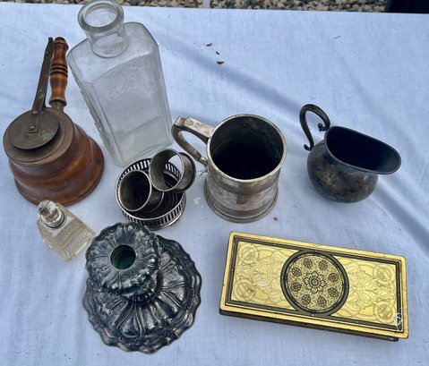 Lot Of Silverplated Items, An Advertising Bottle, A Perfume Bottle, 2 Napkin Rings, Etc