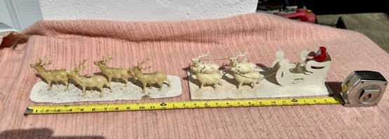 Rare Antique German Santa In Sleigh Celluloid Santa W/4 Reindeers And Front Other 4 Reindeer Set, Ca 1920s