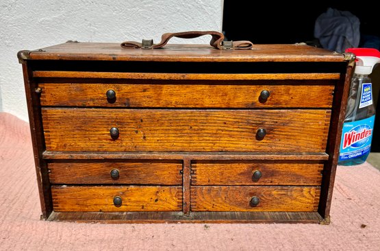 Antique Toolbox Having 2/4 Drawers W/visible Joint Construction, Leather Handle Wcontents , 18' Ht, 10' Ht