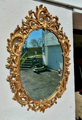 Fancy Gold Oval Mirror With Ornate Cartouche Decorated Frame, 22'x18'