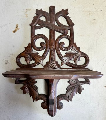 Antique Victorian Carved Walnut Folding Wall Shelf, With A Treefrom Crucifix Theme Blended In Center