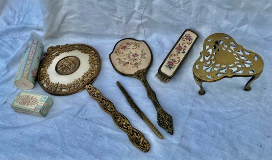 Ladies Dressing Table Items #3 Incl Victorian-style  Ornate Hand Mirrors & Brush, And Victorian Trivet