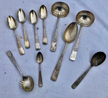 Lot Of 10 Fancy Plated Spoons Incl Antique 'Assyrian Head' Pattern Serving Spoon, By Rogers & Co.