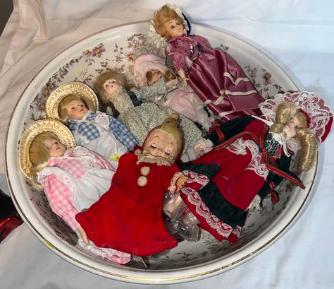 English Victorian Ironstone Vanity Set Bowl (No Pitcher) With Group Of Small Dolls