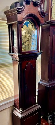 Mahogany 18th Century Brass Dial Tall Clock W/Unusual Calendar And Nicely Carved Case