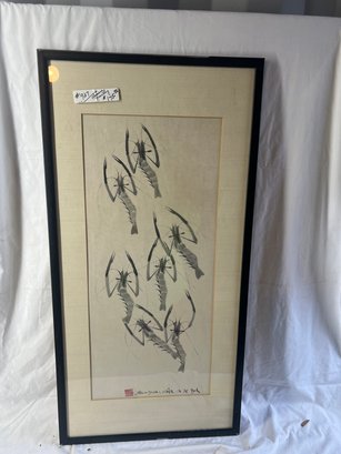 P-14 Chinese Ink Art Depicting Shrimp, In A 18'x35' Frame