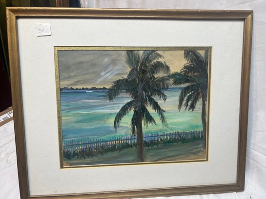 T2-4 Pastel, 'Palm Tree On Shore',  Unsigned, In A 21'x17' Frame