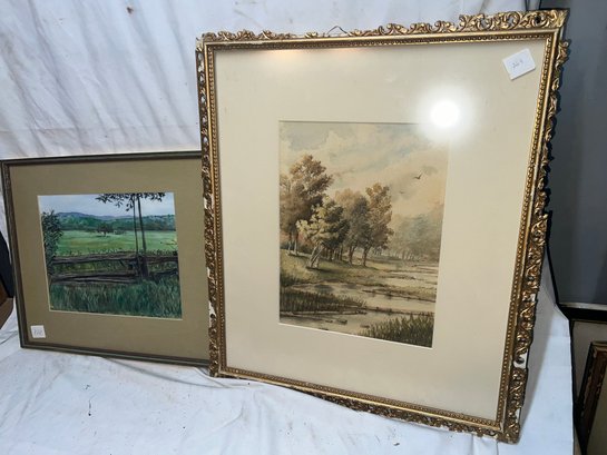 T2-12 Lot Of 2 Watercolors, One Trees And The Other A Deep Green Pasture With Fence
