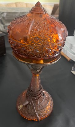 McKee Amber  Pressed Glass Boudoir Lamp, W/Alternating Daisy & Button And Cut Flower Panels