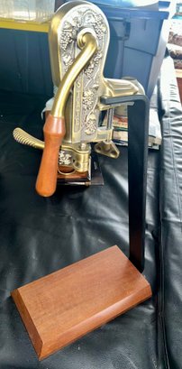 Rogar Estate Antique Brass Table Top Wine Bottle Opener W/ Wood Stand Corkscrew