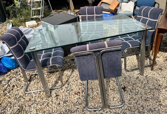 Modern Rectangular Glass Top Table With Four Chrome And Upholstery Chairs