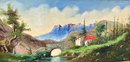 Oil/Canvas 'Castle In Colorful Mountainscape', Sgnd 'MONTE',   26'x 51'
