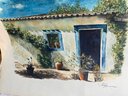 P-41 Watercolor, 'Tile Roof Adobe Form House With Plant , Signed Pearce, Frame 25' Wide