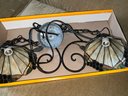 Hanging Iron Accent Lamp Fixture With Two Stained Glass Cone Shaped Shades, 24 Wide
