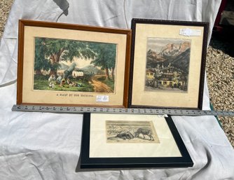 C2GT1 Lot Of 3 Framed Lithos Incl Currier & Ives A Halt By The Wayside', Swiss Alps & Reindeer From Harpers
