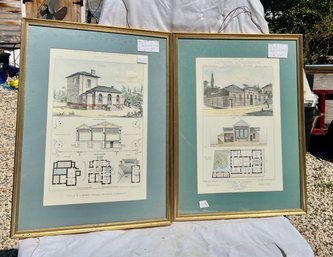 C2HB4 Lot Of 2 Architectural Litho From Orig Architect Large Folio Book, In 21'x29' Frame
