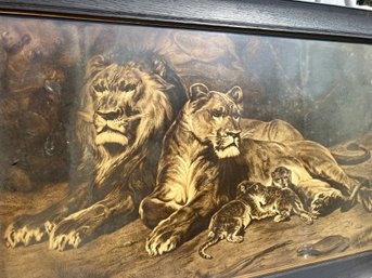 C2HB6 Sepia Tone Lithograph, 'Lions Family Pride' In Vintage Oak 28'x42' Frame