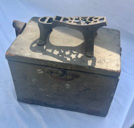 Vintage Primitive Shoe Shine Box With Cast Iron Shoe Rest On Lid, 12' Ht