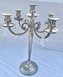 Silver Plated Adjustable 4 Arm 5 Candle Candelabra With Hanging Prisms, 20' Ht