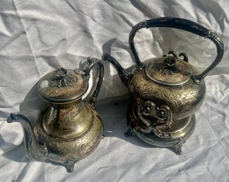 Hand Chased Silver Plated Tipping Hot Water Kettle On Stand With Burner And Matching Teapot