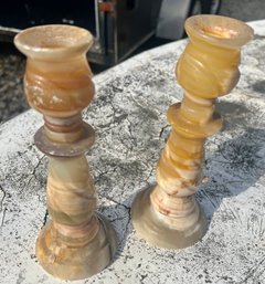 Vintage Nicely Carved Caramel Color Polished Marble Candlesticks, About 8' Tall