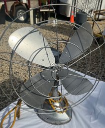 Vintage Silver Painted Oscillationg Electric Fan With Metal Blades And Protective Cage, 22' Ht, Works