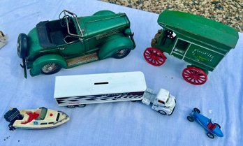 Lot Incl Ertl Chevy Geo Advertising Tractor Trailer, Cast Iron Delivery Wagon, Green Roadster, &  2 Small Toys