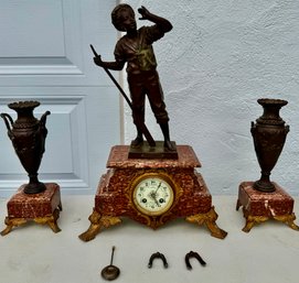 Pink Marble And Bronze 3 Piece Clock Set With Standing Sailor Boy Statue Signed Bouret, 8 Day T&s Movement