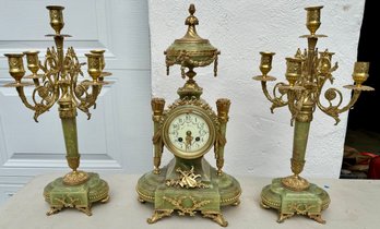 Fancy Gilt Ormolu And Green Onyx French Clock Set With Matching Candelabra
