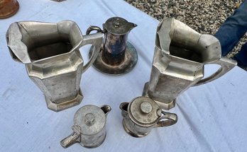 Lot If 5 Pieces Of Silver Plate Incl 2 Tall Hotel Quality Classical Water Pitchers, 2 Hotel Plate Creamer, Etc