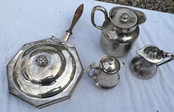 Lot Of 4 Pieces Of Silver Late Including A Very Nice 8' Octagon Shaped Serving Bowl With Wooden Handle