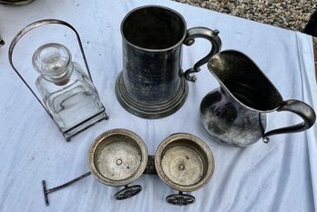 Lot Of 4 Pieces Incl Wagon Wine Coaster By Rogers, Decanter In Tantalus Stand, Pewter Tankard And Creamer