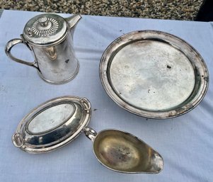 Lot Of 4 Pieces Of Silver Plate Incl Can-shaped Teapot With Fancy Lid, Gravy Boat, Covered Dish And Tray