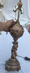 Antique Ornate Cast Metal Bradley And Hubbard Lamp Base With Putti Cupid Pillar In Copper/gold Finish, 26' Ht