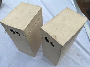Pair Of Modern Pottery Covered Cookie Jars In Rectangular Shape With Interest Cutout 'quotations', 9' Ht