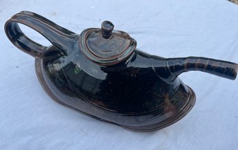 Elongated Modern Design Pottery Brown/black Glaze Teapot,  Briongs To Mind An Aladdin Lamp Style, 16' Long
